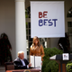 President Donald Trump holds up a proclamation for National Be Best Day with first lady Melania Trump standing beside him after she spoke in the Rose Garden of the White House on May 7, 2018, in Washington, D.C., to announce her “Be Best” initiative.